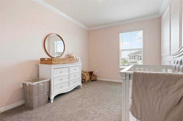 3255 Hilltop Cir, Bradenton, FL 34211 - bedroom with light colored carpet, ornamental molding, and a crib