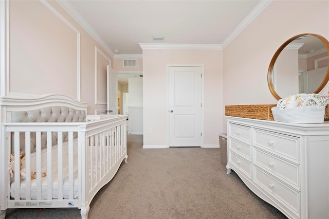 3255 Hilltop Cir, Bradenton, FL 34211 - bedroom with ornamental molding, light carpet, and a crib