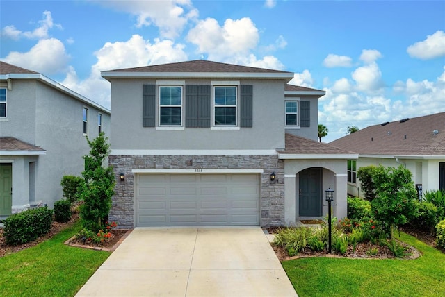 3255 Hilltop Cir, Bradenton, FL 34211 - traditional home featuring stone siding, stucco siding, driveway, and a front lawn
