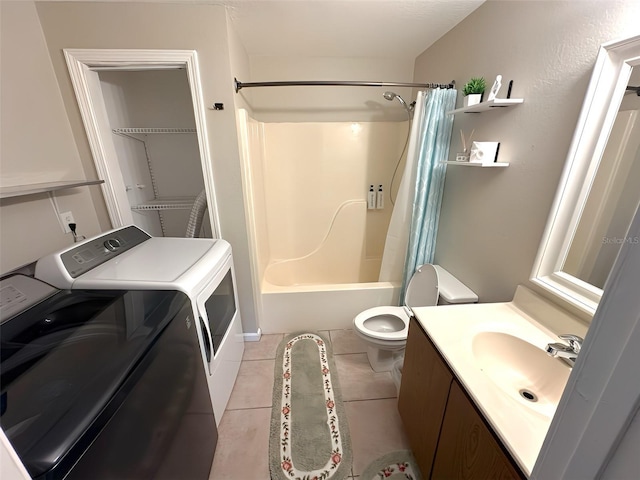 4151 Nelson Rd, Lake Wales, FL 33898 - bathroom with washing machine and dryer, vanity, shower / bathtub combination with curtain, and tile patterned flooring