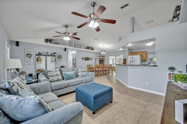6396 Bennett Ct, Saint Cloud, FL 34771 - living room featuring ceiling fan, light tile patterned floors, and high vaulted ceiling