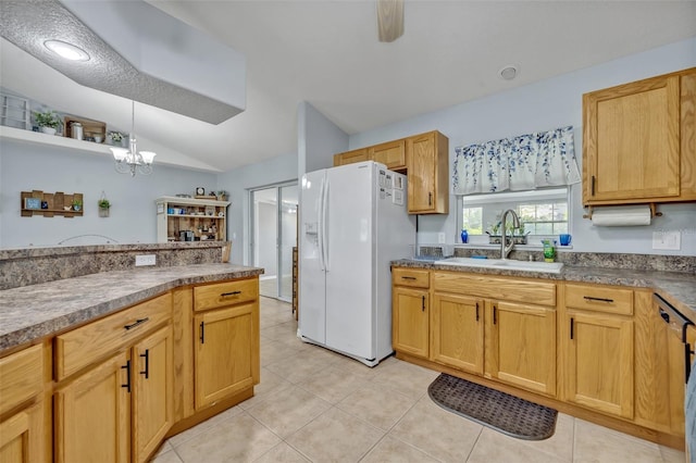 6396 Bennett Ct, Saint Cloud, FL 34771 - kitchen featuring white refrigerator with ice dispenser, vaulted ceiling, a chandelier, light tile patterned flooring, and pendant lighting