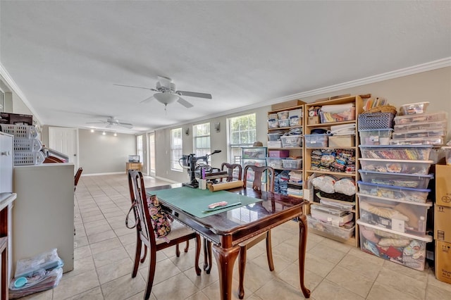 6396 Bennett Ct, Saint Cloud, FL 34771 - dining area featuring crown molding, light tile patterned floors, and a ceiling fan