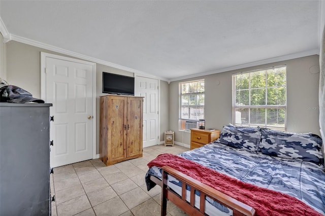 6396 Bennett Ct, Saint Cloud, FL 34771 - bedroom with ornamental molding, vaulted ceiling, light tile patterned floors, and cooling unit