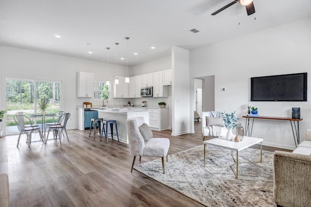 4410 Vicky St, Hastings, FL 32145 - living room featuring ceiling fan, light wood finished floors, and recessed lighting