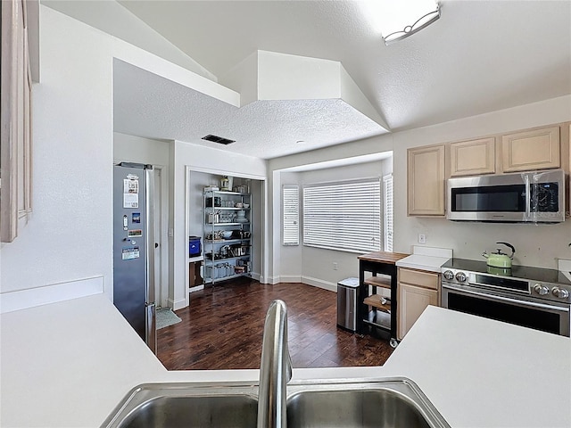238 Sunridge Woods Blvd, Davenport, FL 33837 - kitchen with stainless steel appliances, dark wood-style flooring, light countertops, and cream cabinets