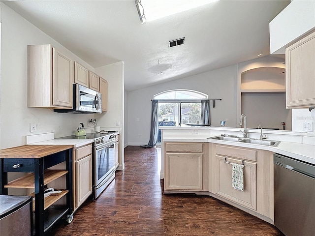 238 Sunridge Woods Blvd, Davenport, FL 33837 - kitchen featuring appliances with stainless steel finishes, dark wood-style floors, light countertops, a peninsula, and cream cabinets