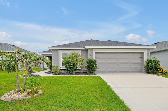 4505 Hummingbird Ln, Haines City, FL 33844 - view of front of house featuring concrete driveway, an attached garage, a front yard, and stucco siding