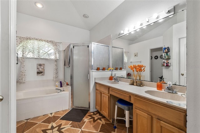 4428 Winding River Dr, Valrico, FL 33596 - full bath with vaulted ceiling, a shower stall, a bath, and double vanity