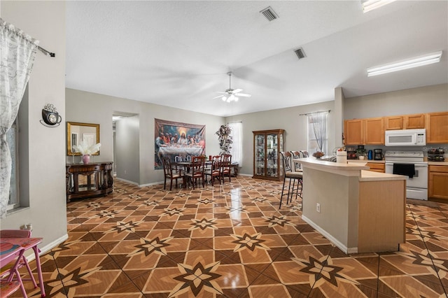 4428 Winding River Dr, Valrico, FL 33596 - kitchen featuring white appliances, a breakfast bar, a ceiling fan, and light countertops