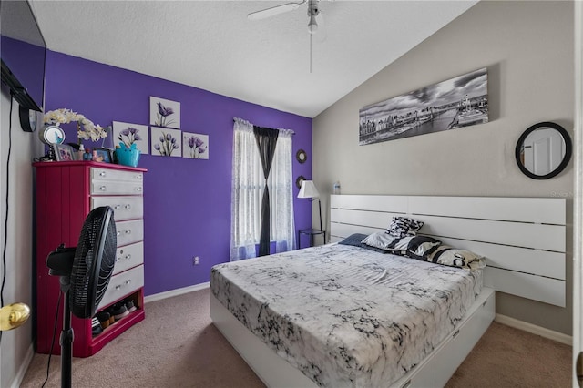 4428 Winding River Dr, Valrico, FL 33596 - carpeted bedroom featuring vaulted ceiling, ceiling fan, and a textured ceiling