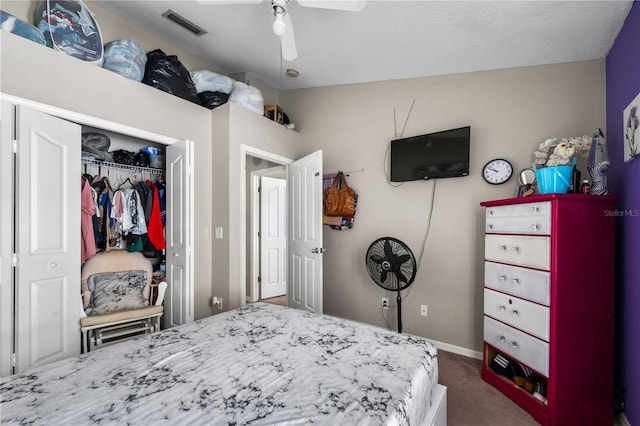 4428 Winding River Dr, Valrico, FL 33596 - bedroom featuring dark colored carpet, a closet, and ceiling fan