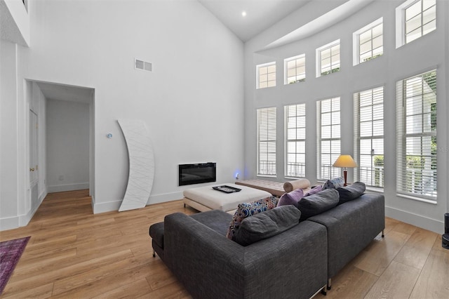 933 Jasmine St, Celebration, FL 34747 - living area featuring high vaulted ceiling, light wood-style floors, and a glass covered fireplace
