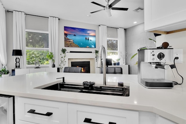 2402 Raven Croft Ct, Orlando, FL 32837 - kitchen featuring tasteful backsplash, a lit fireplace, light countertops, white cabinets, and healthy amount of natural light