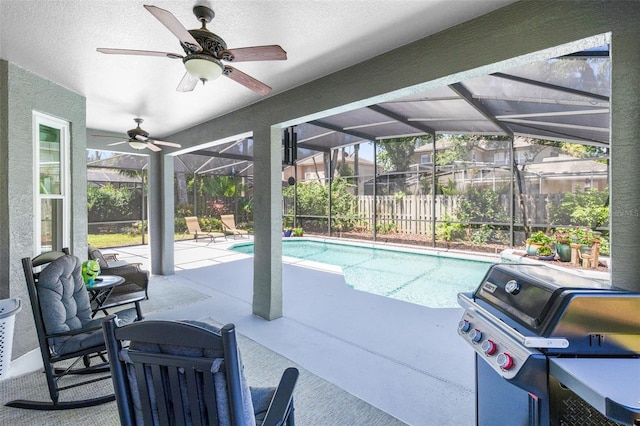 716 Timberwilde Ave, Winter Springs, FL 32708 - view of swimming pool with a patio, ceiling fan, glass enclosure, and grilling area