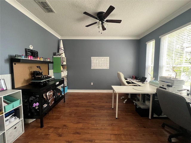3339 Primrose Willow Dr, Saint Cloud, FL 34773 - office space with crown molding, a ceiling fan, a textured ceiling, and wood finished floors