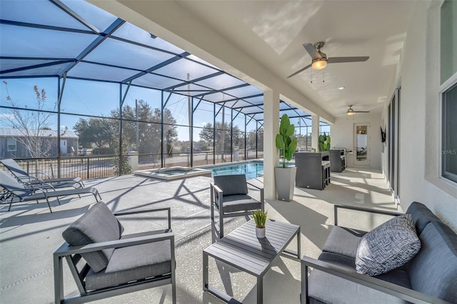 2525 Shanti Dr, Kissimmee, FL 34746 - view of patio / terrace featuring ceiling fan, a pool with connected hot tub, glass enclosure, and outdoor lounge area