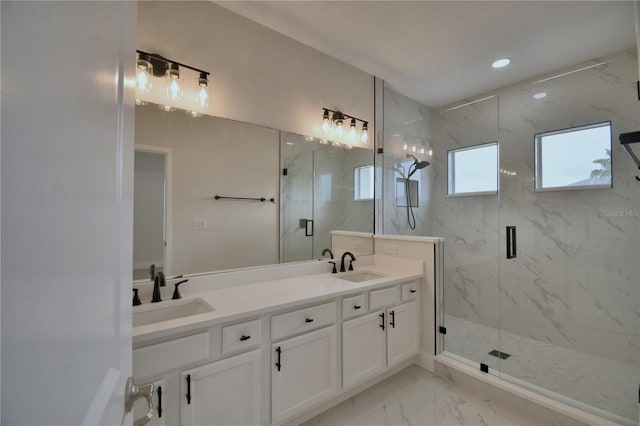 2673 Calistoga Ave, Kissimmee, FL 34741 - full bath featuring marble finish flooring, a marble finish shower, double vanity, and recessed lighting