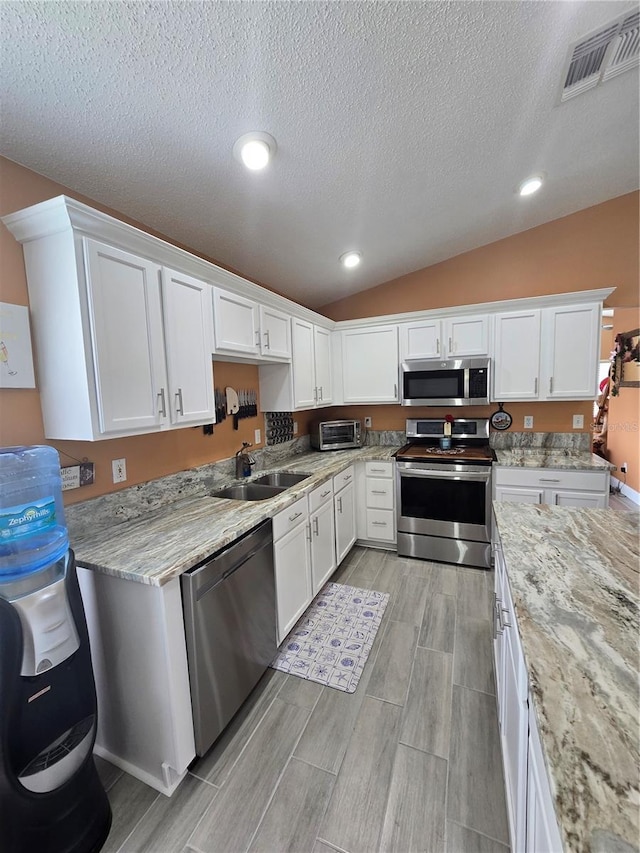 204 Canary Island Cir, Davenport, FL 33837 - kitchen featuring appliances with stainless steel finishes, wood tiled floors, white cabinets, vaulted ceiling, and a textured ceiling