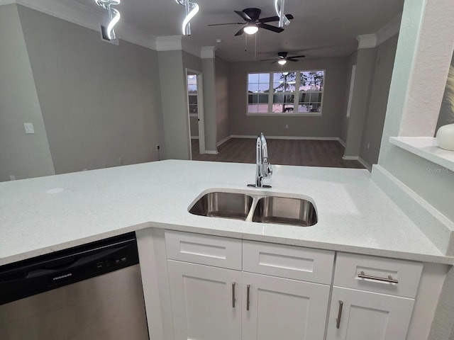 3428 Soho St Unit 208, Orlando, FL 32835 - kitchen with dishwasher, a ceiling fan, light stone countertops, white cabinets, and ornamental molding