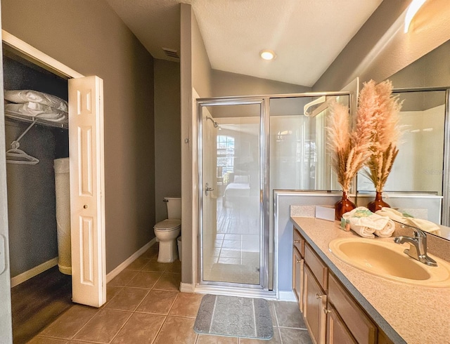 2807 Playing Otter Ct, Kissimmee, FL 34747 - bathroom featuring vaulted ceiling, vanity, a stall shower, and tile patterned floors