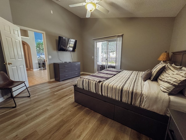 2807 Playing Otter Ct, Kissimmee, FL 34747 - bedroom with a textured ceiling, multiple windows, arched walkways, light wood finished floors, and high vaulted ceiling