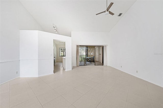 17340 Boca Club Blvd Unit 703, Boca Raton, FL 33487 - unfurnished room featuring a ceiling fan, high vaulted ceiling, light tile patterned flooring, and track lighting