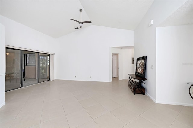 17340 Boca Club Blvd Unit 703, Boca Raton, FL 33487 - unfurnished living room featuring a ceiling fan, high vaulted ceiling, and light tile patterned flooring