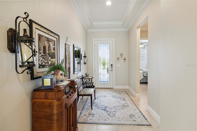 2772 Southland St, Saint Cloud, FL 34772 - entrance foyer with ornamental molding, light tile patterned flooring, recessed lighting, and a tray ceiling