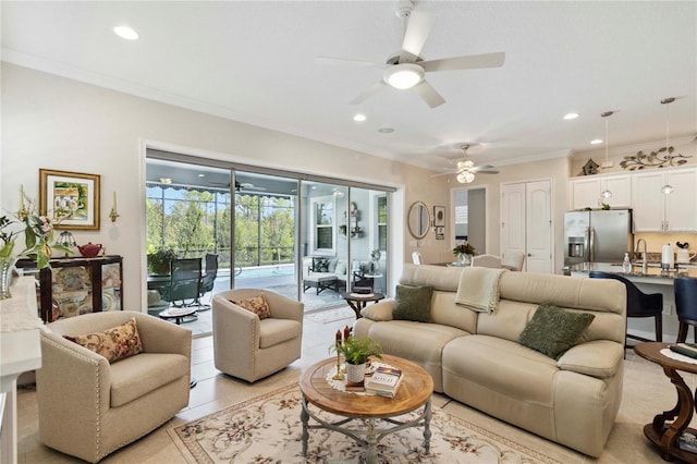 2772 Southland St, Saint Cloud, FL 34772 - living area featuring crown molding, ceiling fan, and recessed lighting