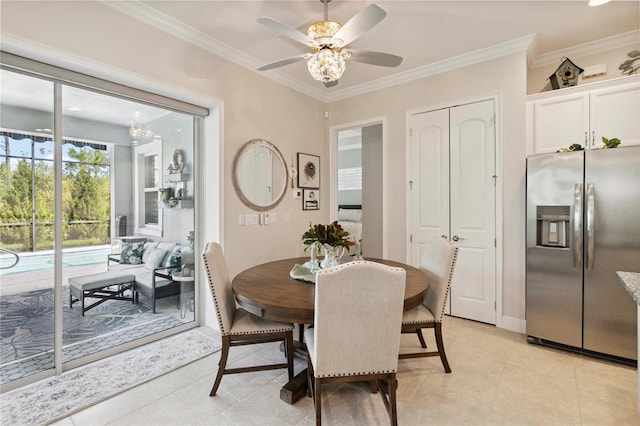 2772 Southland St, Saint Cloud, FL 34772 - dining room with crown molding, a ceiling fan, and light tile patterned floors