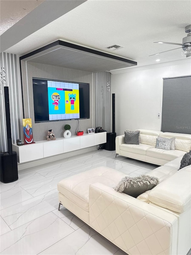 2805 Carter Grove Ln, Kissimmee, FL 34741 - living room featuring marble finish flooring, a ceiling fan, a textured ceiling, and recessed lighting