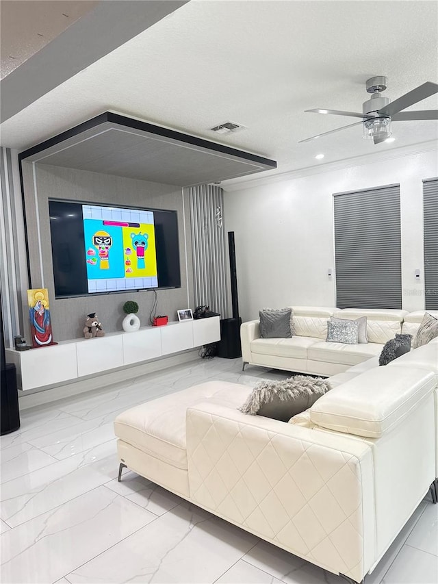 2805 Carter Grove Ln, Kissimmee, FL 34741 - home theater room featuring marble finish floors, ceiling fan, and recessed lighting