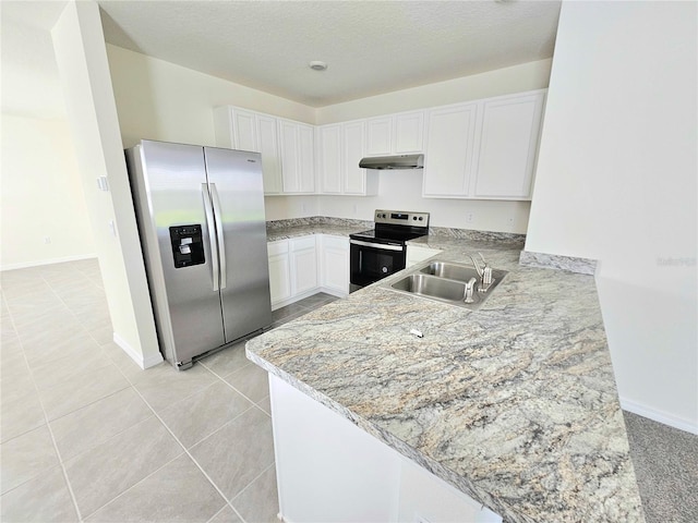 1370 Holodak Dr, Davenport, FL 33837 - kitchen with appliances with stainless steel finishes, under cabinet range hood, white cabinets, a peninsula, and light tile patterned flooring