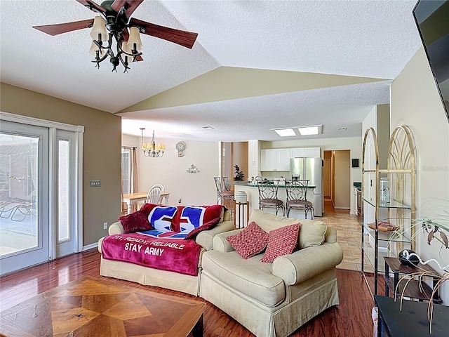 3158 Forest Breeze Way, Saint Cloud, FL 34771 - living room featuring vaulted ceiling, a textured ceiling, and ceiling fan