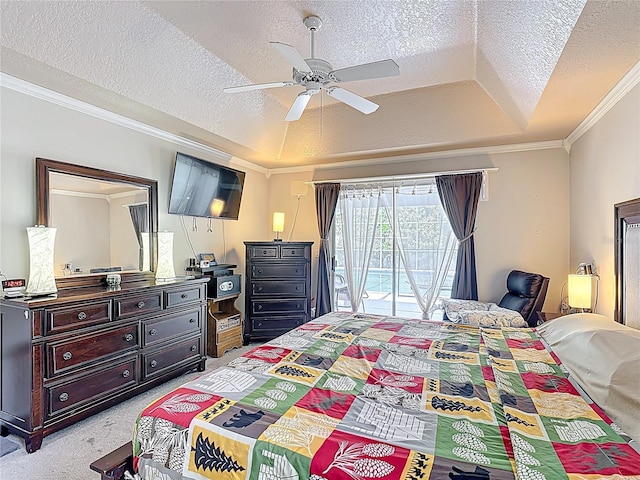 3158 Forest Breeze Way, Saint Cloud, FL 34771 - bedroom with access to outside, light carpet, a textured ceiling, crown molding, and ceiling fan