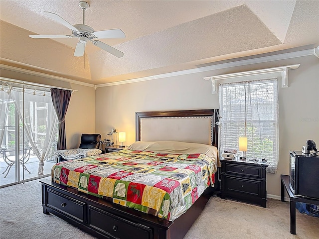 3158 Forest Breeze Way, Saint Cloud, FL 34771 - bedroom featuring light carpet, access to outside, a textured ceiling, multiple windows, and ceiling fan