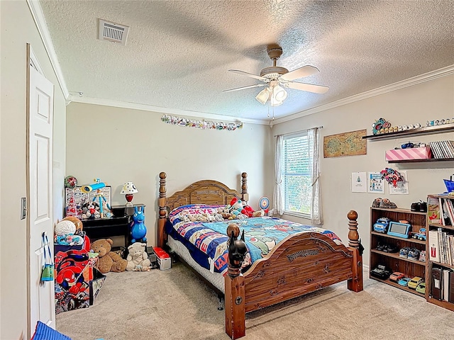 3158 Forest Breeze Way, Saint Cloud, FL 34771 - carpeted bedroom with ornamental molding, a textured ceiling, and a ceiling fan