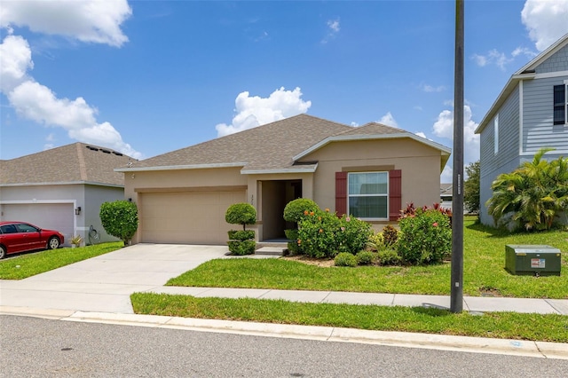 371 Pinecrest Loop, Davenport, FL 33837 - ranch-style home with an attached garage, a shingled roof, a front lawn, stucco siding, and concrete driveway