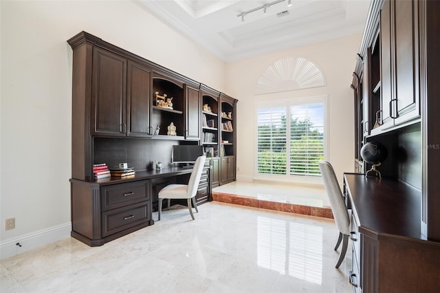 9905 Lanai View Ct, Windermere, FL 34786 - office area with ornamental molding, built in study area, light marble finish flooring, and a tray ceiling