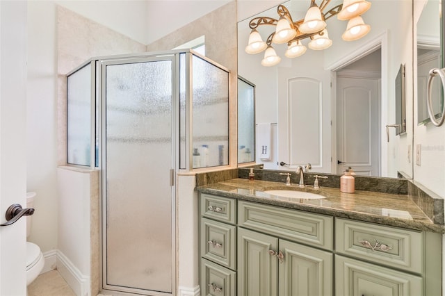 9905 Lanai View Ct, Windermere, FL 34786 - bathroom with vanity, a shower stall, tile patterned floors, and a chandelier