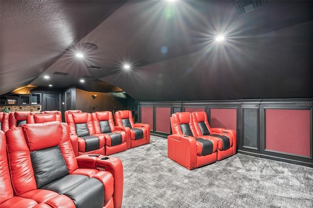 9905 Lanai View Ct, Windermere, FL 34786 - carpeted home theater with lofted ceiling, a decorative wall, and recessed lighting