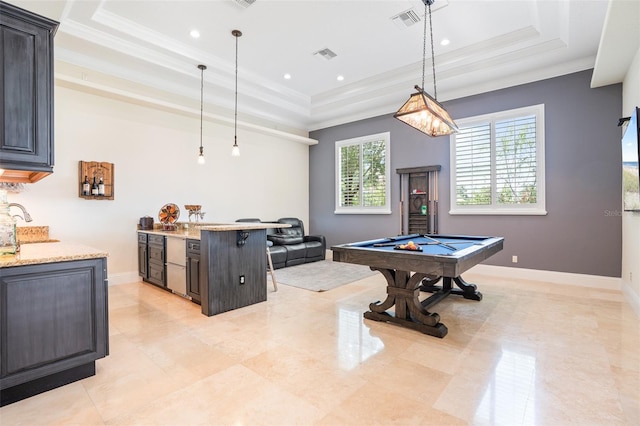 9905 Lanai View Ct, Windermere, FL 34786 - rec room with a raised ceiling, pool table, crown molding, recessed lighting, and light tile patterned flooring