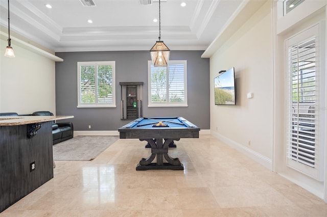 9905 Lanai View Ct, Windermere, FL 34786 - rec room featuring a tray ceiling, crown molding, billiards, and recessed lighting