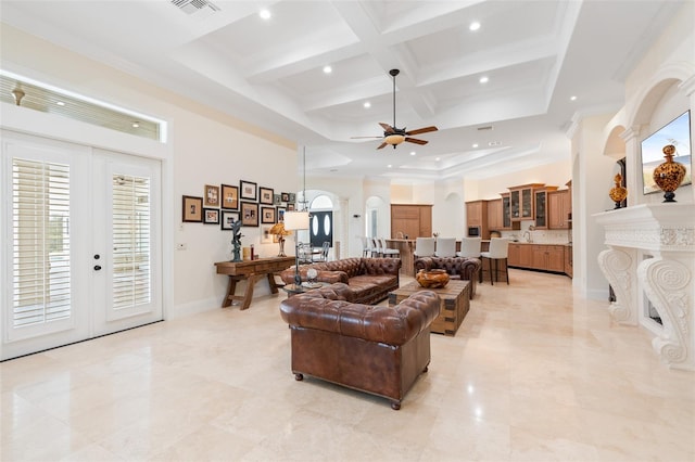 9905 Lanai View Ct, Windermere, FL 34786 - living room with ceiling fan, recessed lighting, coffered ceiling, a towering ceiling, and beam ceiling