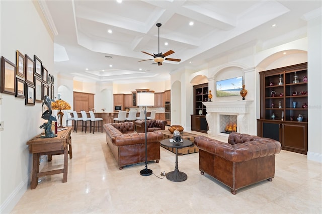 9905 Lanai View Ct, Windermere, FL 34786 - living area featuring recessed lighting, coffered ceiling, a ceiling fan, beam ceiling, and ornamental molding