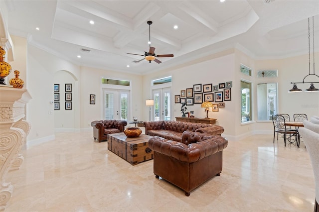9905 Lanai View Ct, Windermere, FL 34786 - living area with plenty of natural light, recessed lighting, coffered ceiling, french doors, and light marble finish floors