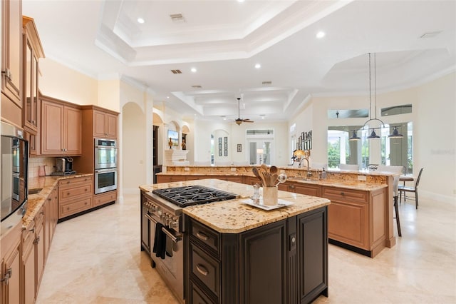 9905 Lanai View Ct, Windermere, FL 34786 - kitchen with a spacious island, appliances with stainless steel finishes, a raised ceiling, arched walkways, and recessed lighting