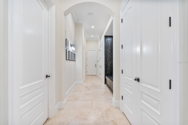 9905 Lanai View Ct, Windermere, FL 34786 - corridor featuring arched walkways, crown molding, and recessed lighting