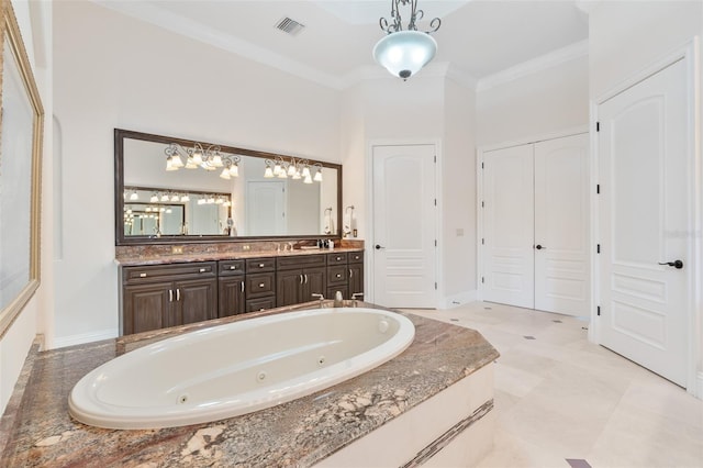 9905 Lanai View Ct, Windermere, FL 34786 - bathroom featuring vanity, a jetted tub, and ornamental molding